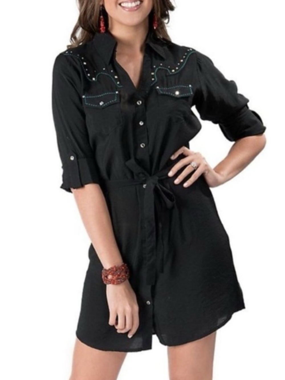 Wrangler Rock 47 Black Western Shirt Dress XXL Embroidered Studded Pearl Snap